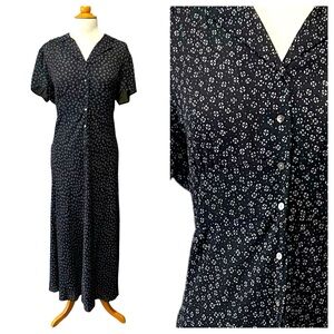 Vintage Black & White Silk Grunge 1990s Floral Button Front Maxi Dress - Size 16